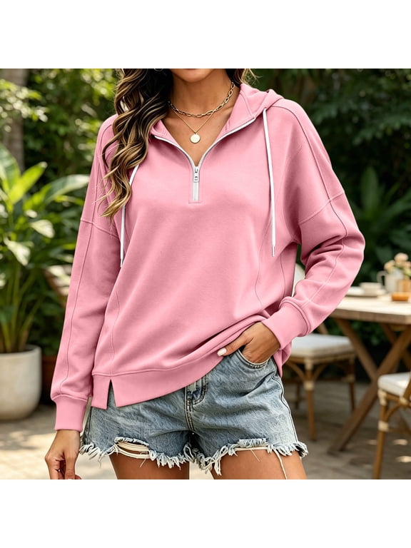 Womens Sweatshirts Half-Zip Quarter Zip Split Hem Loose Fitting Long Sleeved Tops Lounge Daily Sweatshirts