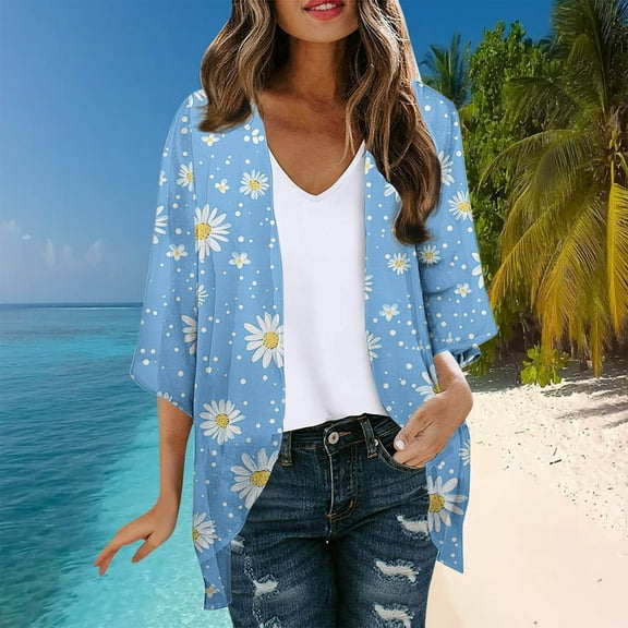 LIBRCLO Womens Swimsuit Cover-ups Beach Hawaiian Long Sleeved Cardigans Fashionable Casual Printed Tops