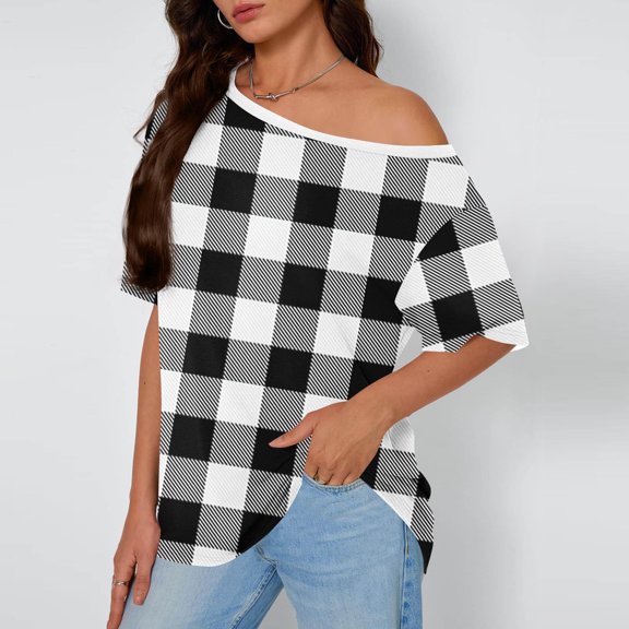 LIBRCLO Womens T-Shirts Off Shoulder Tops Women Short sleeve Shirts Printed Slanted Neck Short Sleeved Loose Home Top