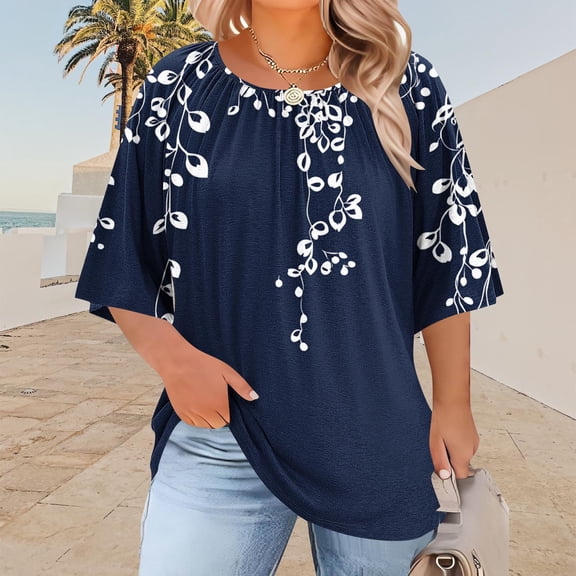 LIBRCLO Womens T-Shirts Plus Size Print Short Sleeves Crew Neck Shirts Fashion Loose Casual Tops