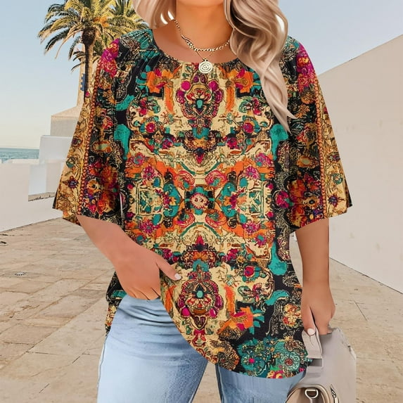 LIBRCLO Womens T-Shirts Plus Size Print Short Sleeves Crew Neck Shirts Fashion Loose Casual Tops