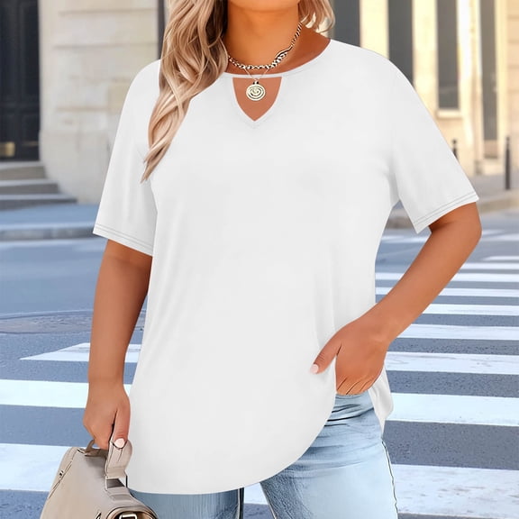 LIBRCLO Womens T-Shirts Plus Size V-neck Center Hollow Shirts Fashionable Solid Color Short Sleeved Womens Tops