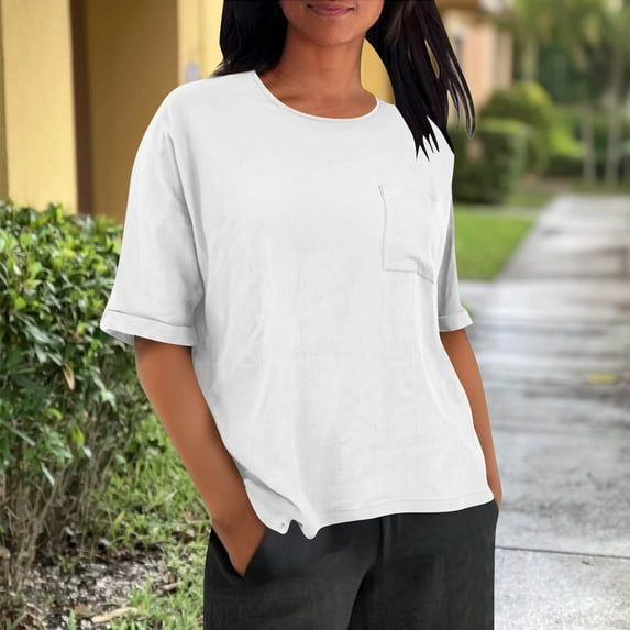 LIBRCLO Womens T-shirts Short Sleeved Crew Neck Shirts With Chest Pocket Fashionable Casual Linen Shirt