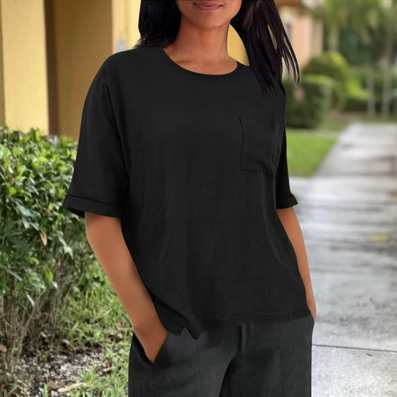 LIBRCLO Womens T-shirts Short Sleeved Crew Neck Shirts With Chest Pocket Fashionable Casual Linen Shirt