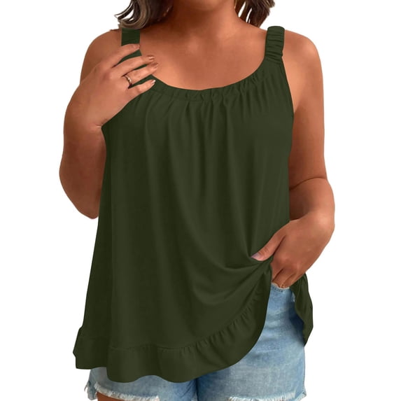 LIBRCLO Womens Tank Top Plus Size Crew Neck Sleeveless Solid Color Camisole Ruffled Hem Casual Summer Tops