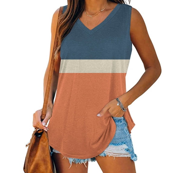 LIBRCLO Womens Tank Tops Casual Color Block V Neck Sleeveless Shirts Summer Striped Tops