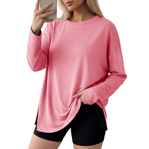 LIBRCLO Womens Tops Long Sleeve Crew Neck Workout T-shirts Side Slit Fashion Gym Casual Basic Shirts