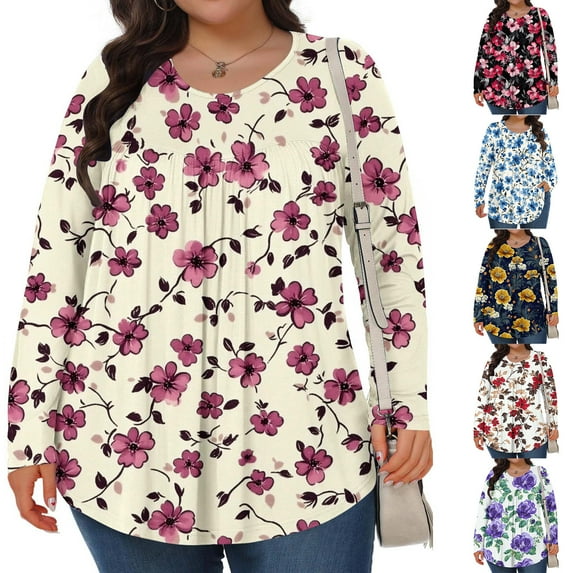 LIBRCLO Womens Tops Plus Size Long Sleeve Pleated Tops Solid Color Crew Neck Shirts Loose Fit Casual Dressy Blouses