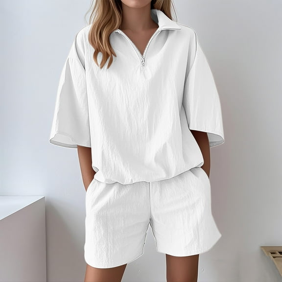 LIBRCLO Womens Two Piece Sets Shorts And Crew Neck Short Sleeves Botton Up T-Shirts Summer Casual Solid Color Set