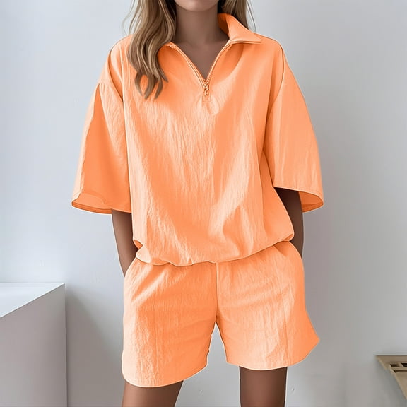 LIBRCLO Womens Two Piece Sets Shorts And Crew Neck Short Sleeves Botton Up T-Shirts Summer Casual Solid Color Set