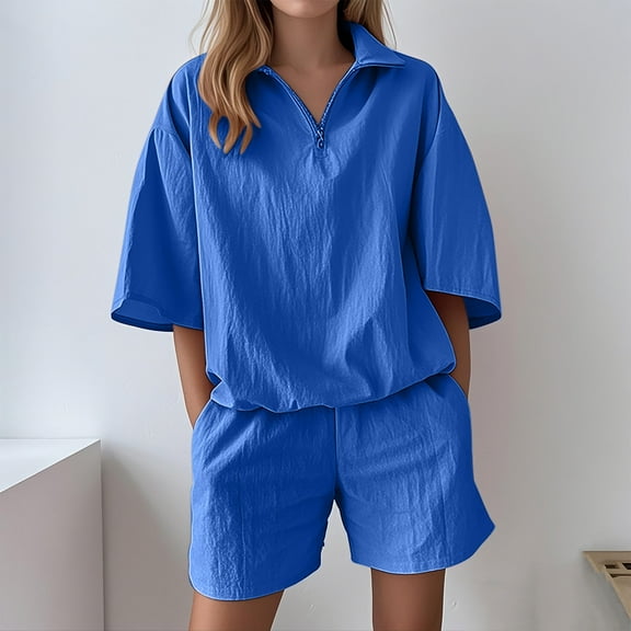 LIBRCLO Womens Two Piece Sets Shorts And Crew Neck Short Sleeves Botton Up T-Shirts Summer Casual Solid Color Set