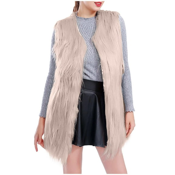 LIBRCLO Womens Vests Outerwear Faux Fur Sleeveless Jacket Plush Warm Winter Coat with Pockets