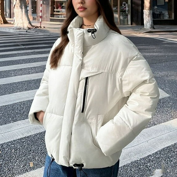 LIBRCLO Womens Winter Coats Round Neck Long Sleeve Short Thick Puffer Jackets Fit Zipper Fashion Outdoor Solid Color Jackets with Pockets