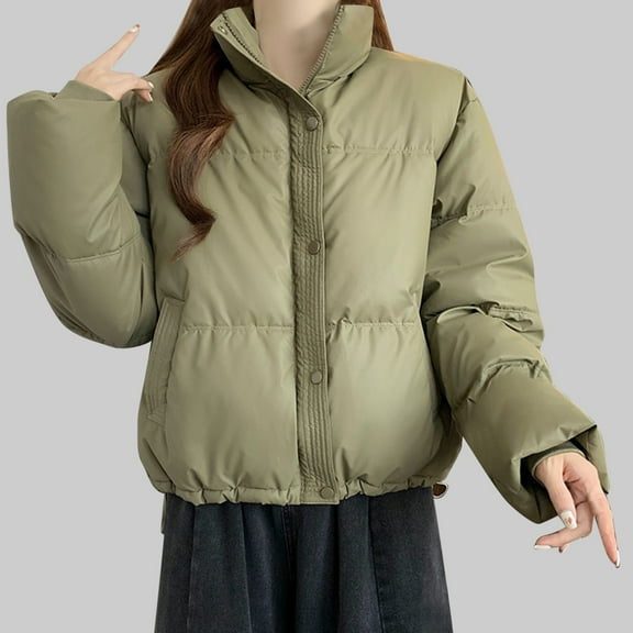 LIBRCLO Womens Winter Coats Zipper Round Neck Thick Puffer Jackets Short Solid Color Workout Long Sleeve Fit Fashion Jackets with Pockets
