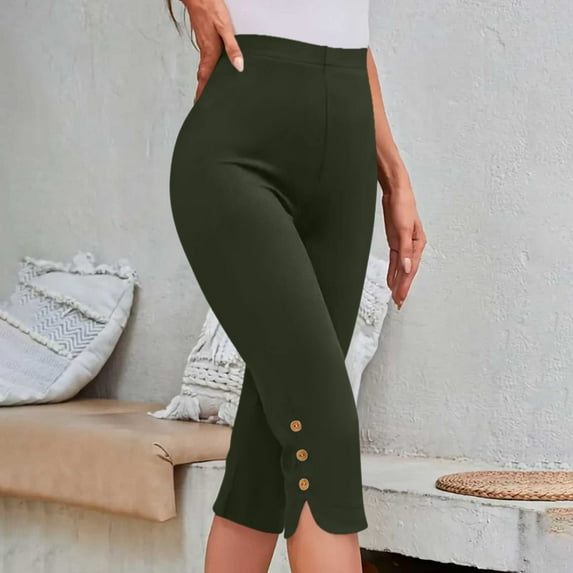 LIBRCLO Womens Yoga Pants Capri Leggings Elastic Waist Slim Fit Casual Pants Gym Capris Army Green M