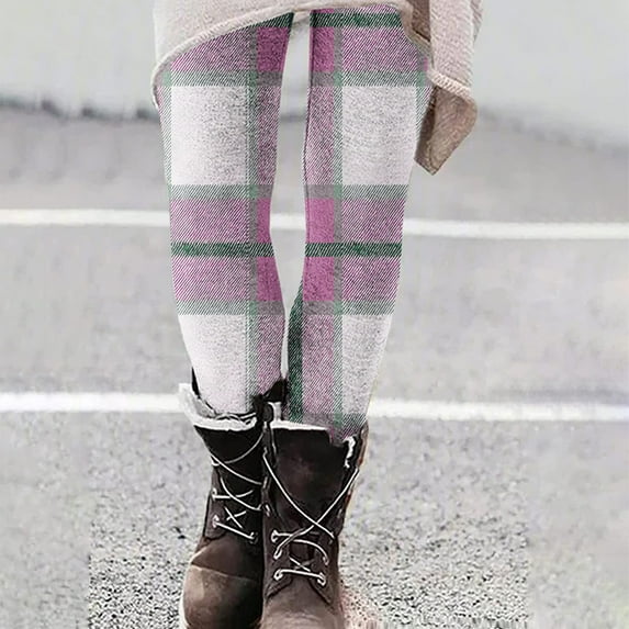 LIBRCLO Womens Yoga Pants High Waist Leggings Slim Fit Plaid Tight Pants Purple S