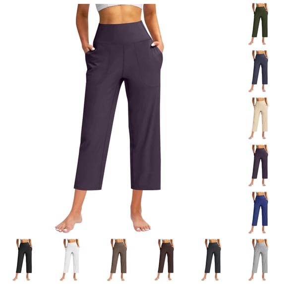 LIBRCLO Womens Yoga Pants with Pockets Straight Leg Solid Color Trousers Casual Sports Crop Yoga Pants