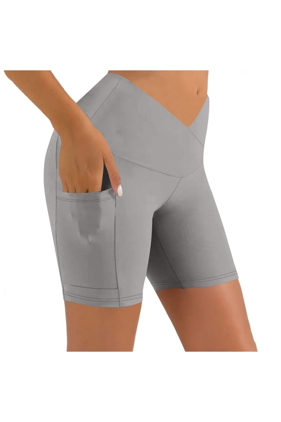Womens Yoga Shorts Crossover High Waist Leggings with Pockets Workout Out Sports Running Athletic Shorts