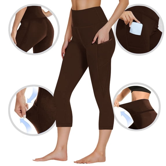 LIBRCLO Yoga Pants for Women Elastic Waist Casual Leggings Slim Fit Gym Pants with Pockets Brown L