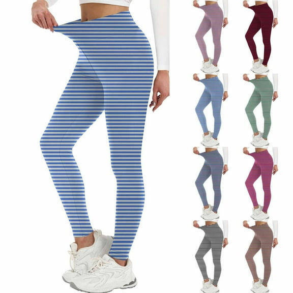 LIBRCLO Yoga Pants for Women High Waist Leggings Slim Fit Striped Tight Pants Black L