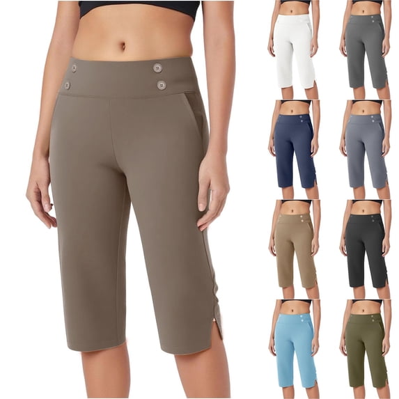 LIBRCLO Yoga Pants for Women with Pockets Capris Elastic Waist Workout Athletic Gym Capri Pants Army Green L