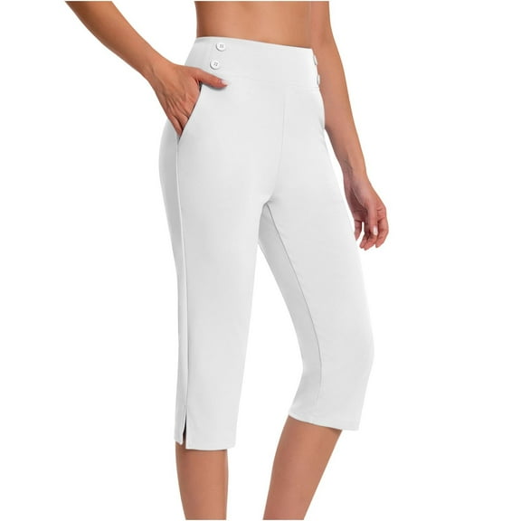 LIBRCLO Yoga Pants for Women with Pockets Capris Elastic Waist Workout Athletic Gym Capri Pants White L