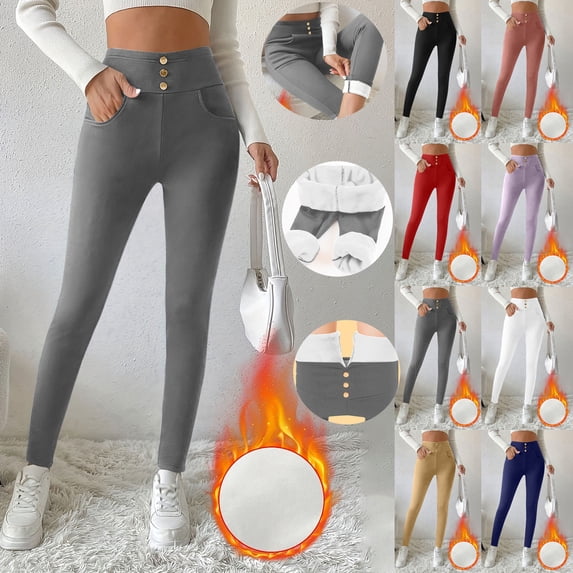 LIBRCLO Yoga Pants for Women with Pockets Fleece Liner Slim Fit Tight Pants Elastic Waist Leggings Black L