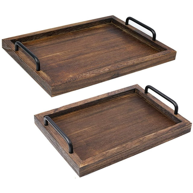 LIBWYS Wooden Serving Trays - 2-Piece Nesting Rectangle Trays with Iron ...