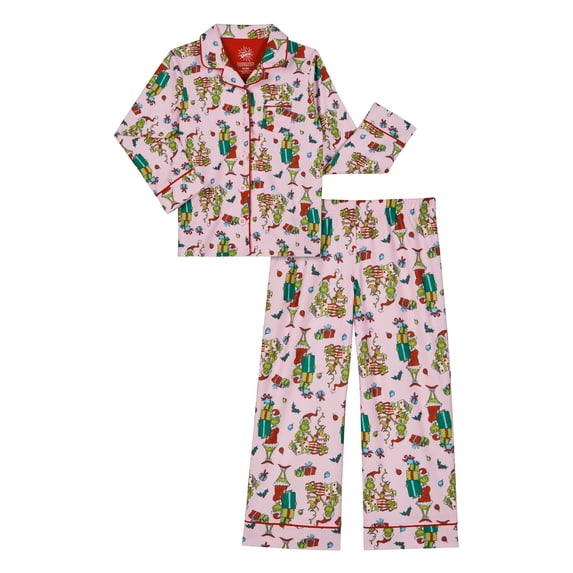 Grinch Girls Notch Collar Top and Sleep Pants Pajama Set, 2-Piece, Size L