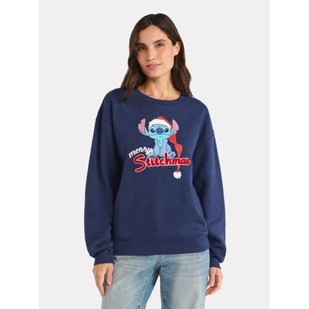 Disney Stitch Women’s Christmas Graphic Sweatshirt with Long Sleeves, Sizes XS-XXL