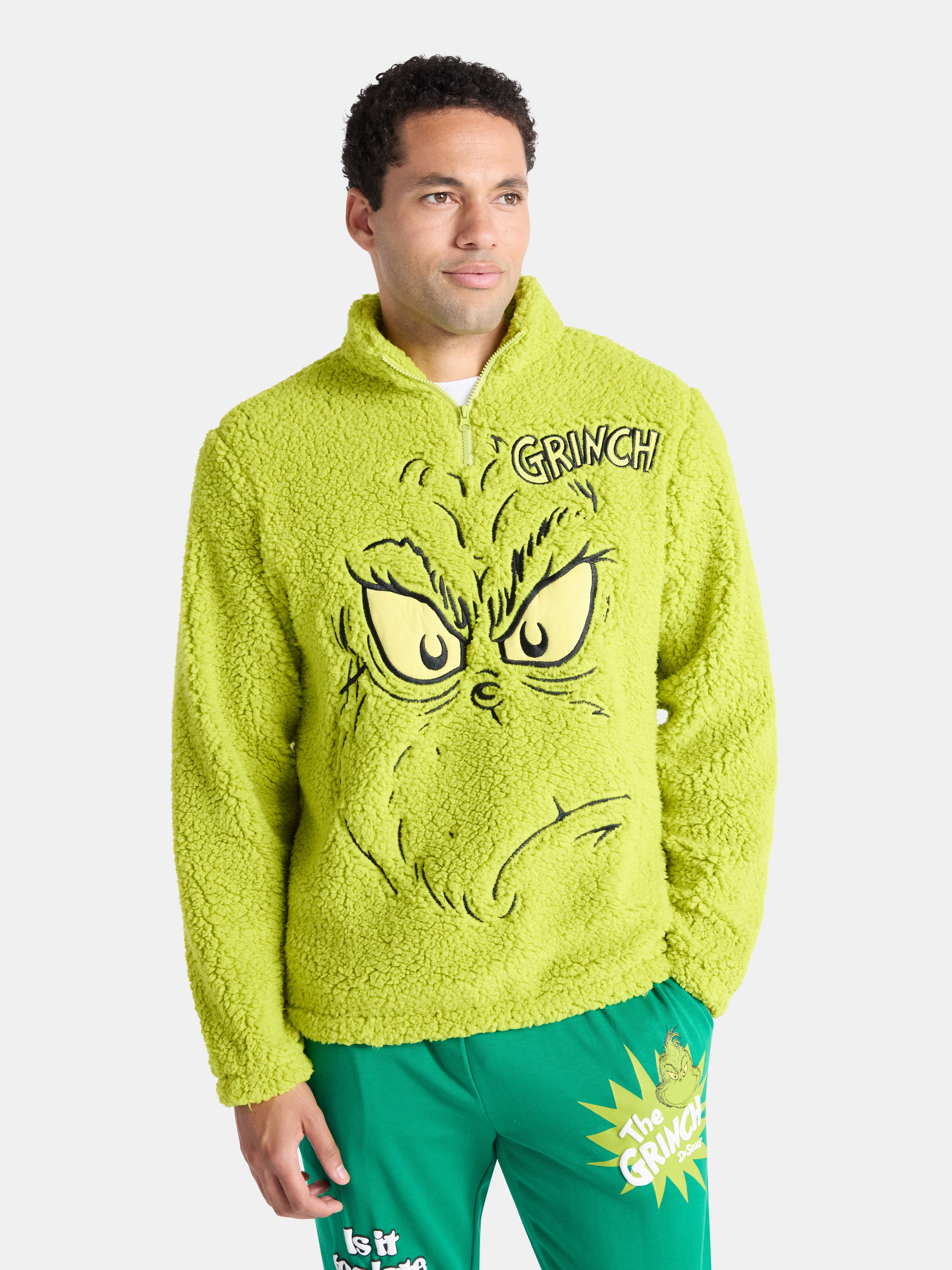 The Grinch Men's and Big Men's Plush Fleece Quarter Zip Sweatshirt, Sizes XS-3XL
