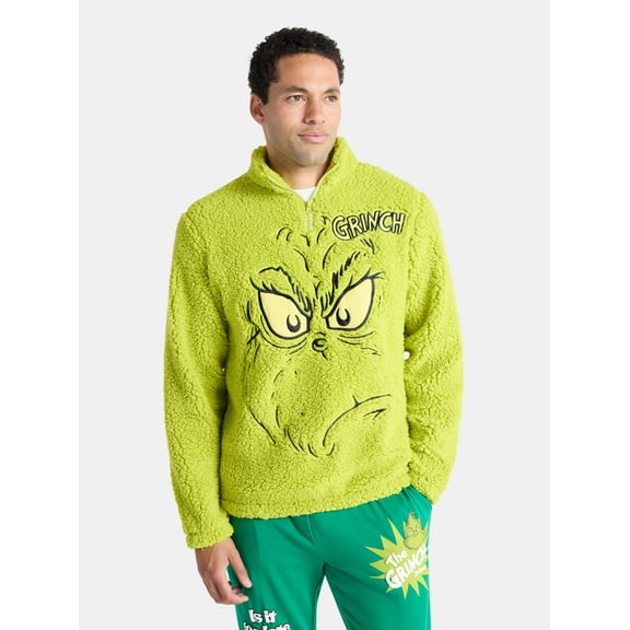The Grinch Men's and Big Men's Plush Fleece Quarter Zip Sweatshirt, Sizes XS-3XL