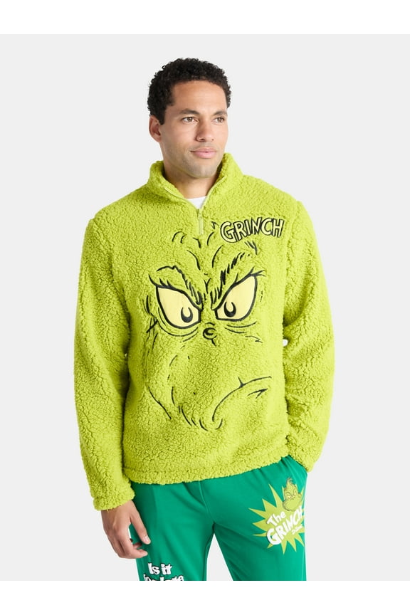 The Grinch Men's and Big Men's Plush Fleece Quarter Zip Sweatshirt, Sizes XS-3XL