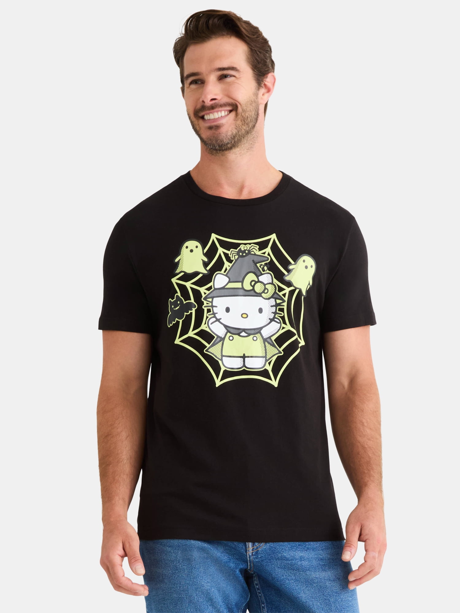 Hello Kitty Men's and Big Mens Glow in the Dark Halloween Graphic Tee, Sizes XS-3XL