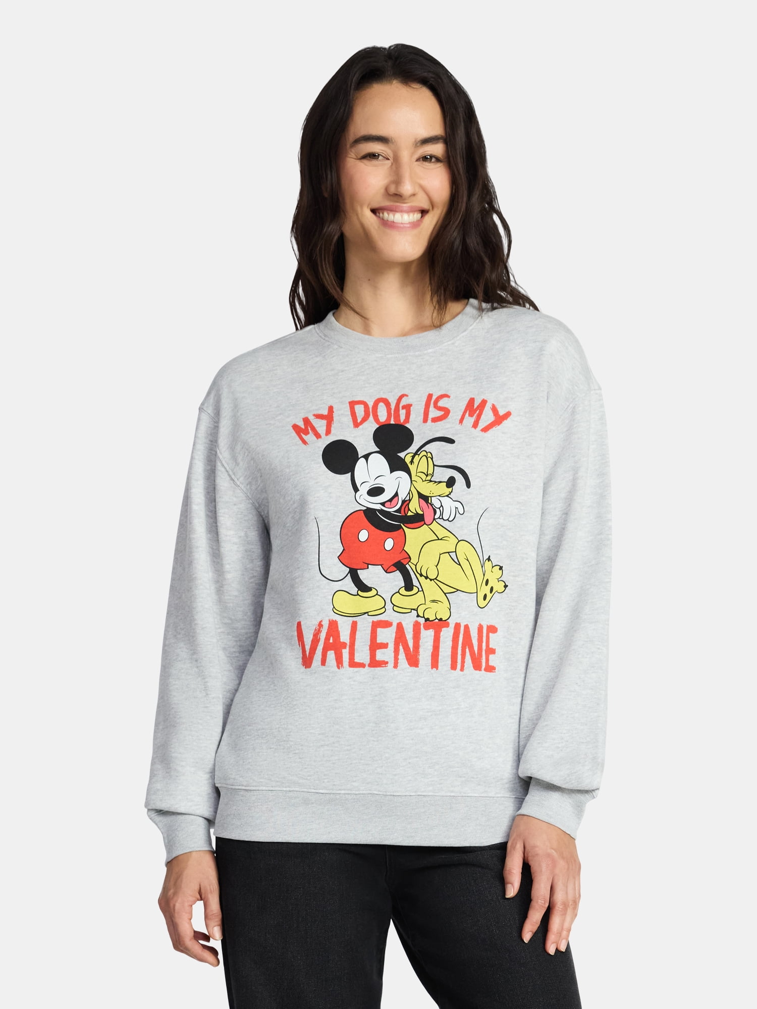Mickey Mouse Women's My Dog Is My Valentine Graphic Sweatshirt with Long Sleeves, Sizes XXS-XXL