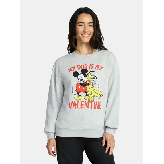 Mickey Mouse Women's My Dog Is My Valentine Graphic Sweatshirt with Long Sleeves, Sizes XXS-XXL