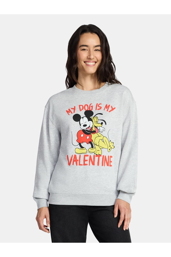 Mickey Mouse Women's My Dog Is My Valentine Graphic Sweatshirt with Long Sleeves, Sizes XXS-XXL