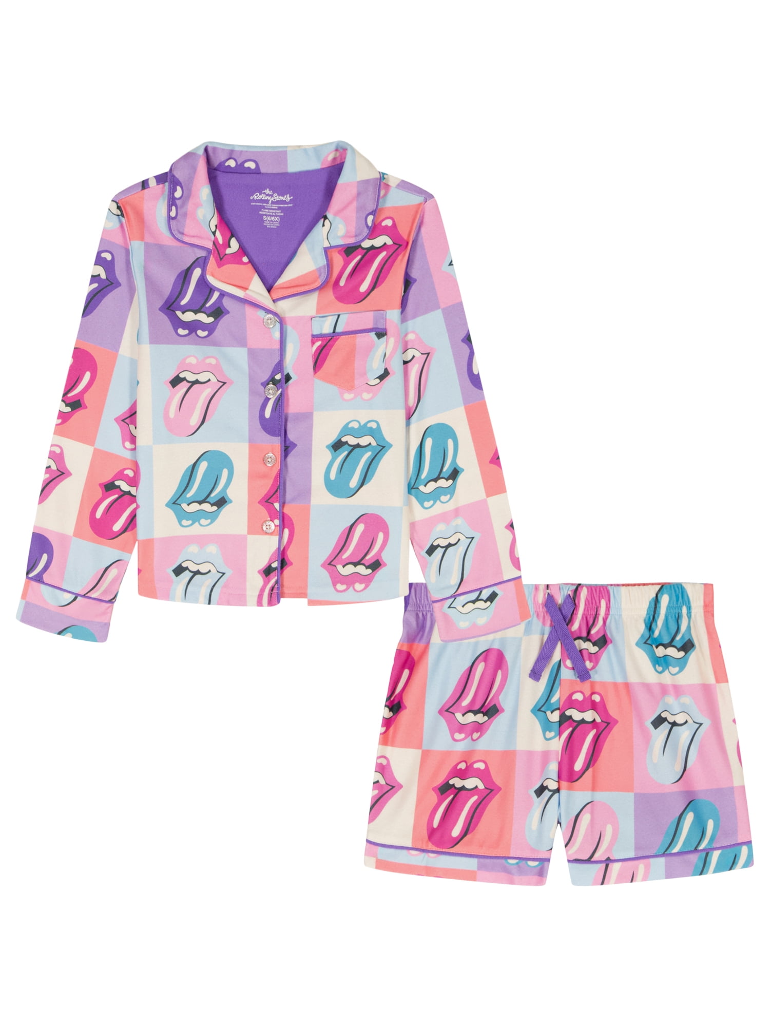 Rolling Stones Girls Long Sleeve Coat and Shorts Pajama Set, 2-Piece, Sizes 4-16