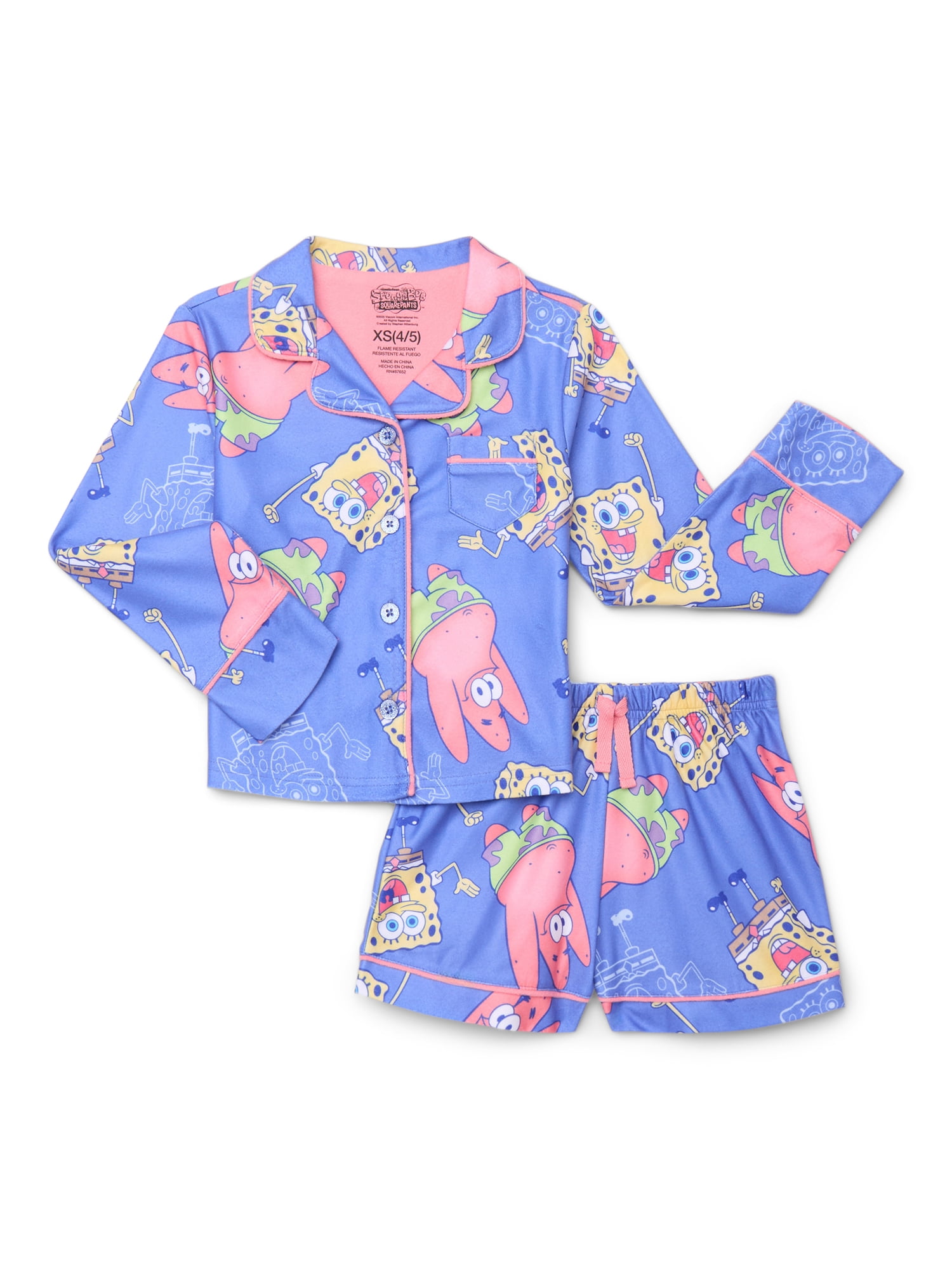 SpongeBob SquarePants Girls Long Sleeve Coat and Shorts Pajama Set, 2-Piece, Sizes 4-16