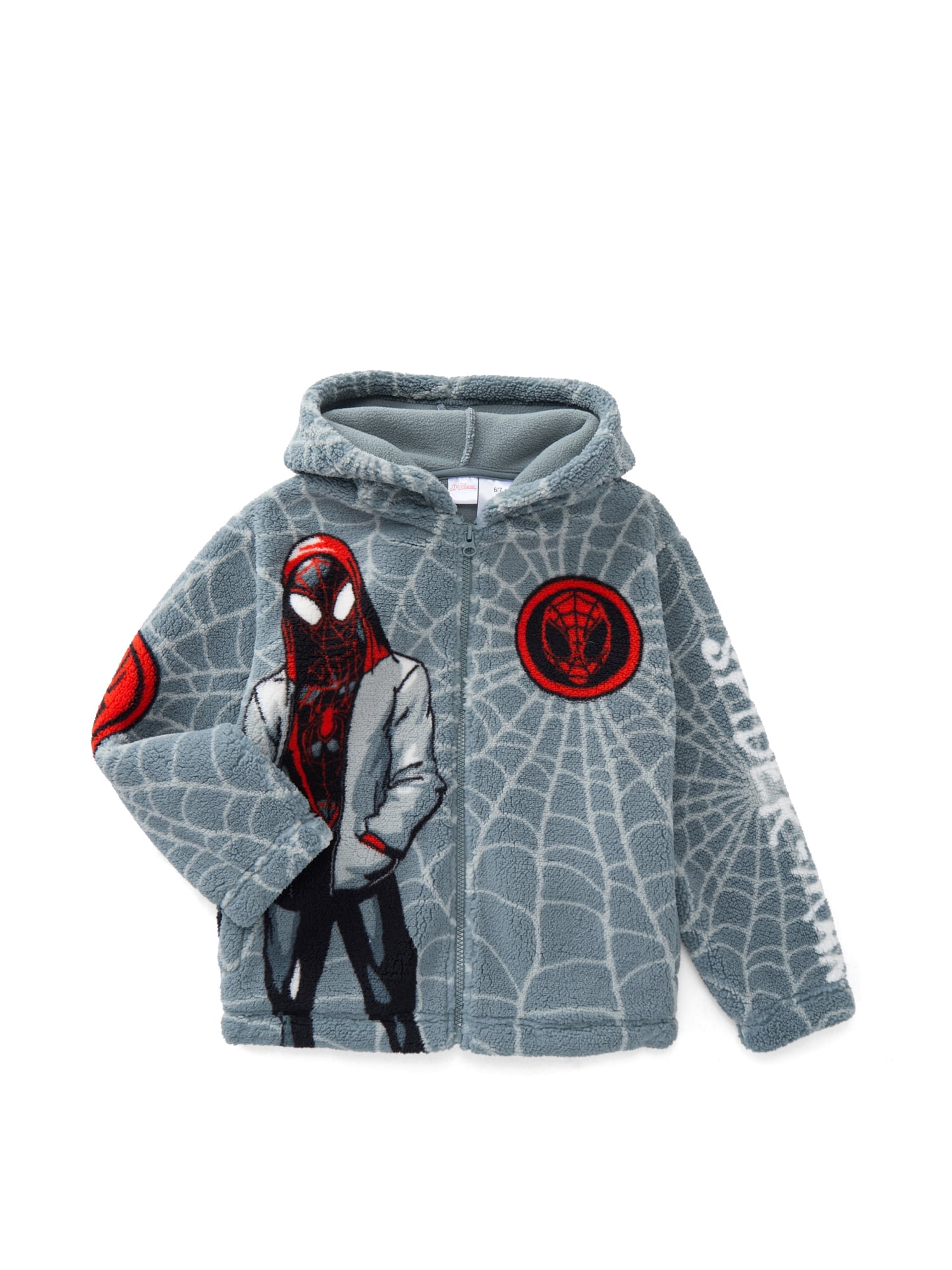Spider-Man Boys Miles Morales Faux Shearling Plush Jacket with Hood, Sizes 4-12