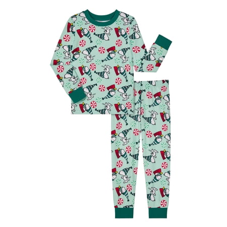 Peanuts Girls Snug Fit Long Sleeve Top and Sleep Pants, 2-Piece Pajama Set, Sizes 4-10