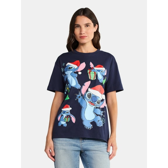 Disney Stitch Women's Christmas Graphic Tee, Sizes XXS-XXL