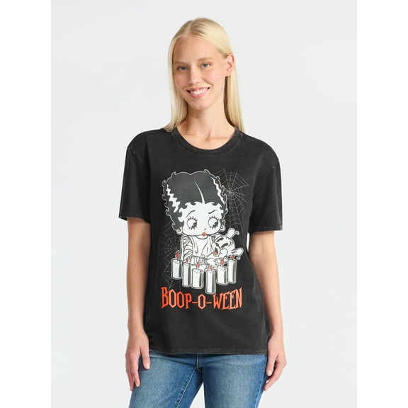 Betty Boop Women's Graphic Print Washed Tee with Short Sleeves, Sizes XXS-XXL