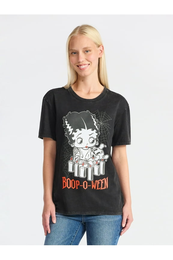 Betty Boop Women's Graphic Print Washed Tee with Short Sleeves, Sizes XXS-XXL