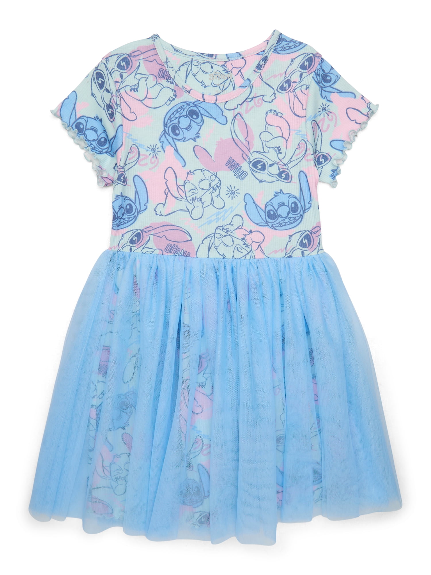 Stitch Girls All Over Print Tulle Dress with Short-Sleeves, Sizes 4-12