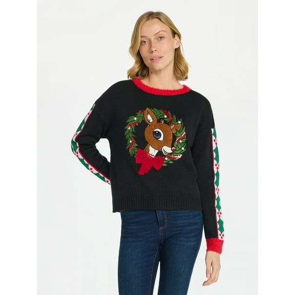Rudolph Women's Embellished Christmas Sweater with Long Sleeves, Midweight, Sizes XXS-XXL