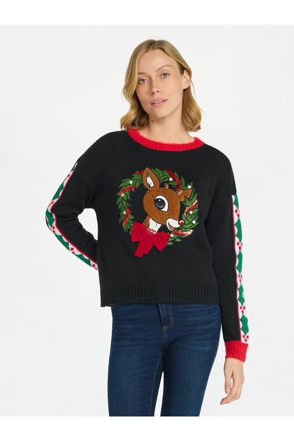 Rudolph Women's Embellished Christmas Sweater with Long Sleeves, Midweight, Sizes XXS-XXL