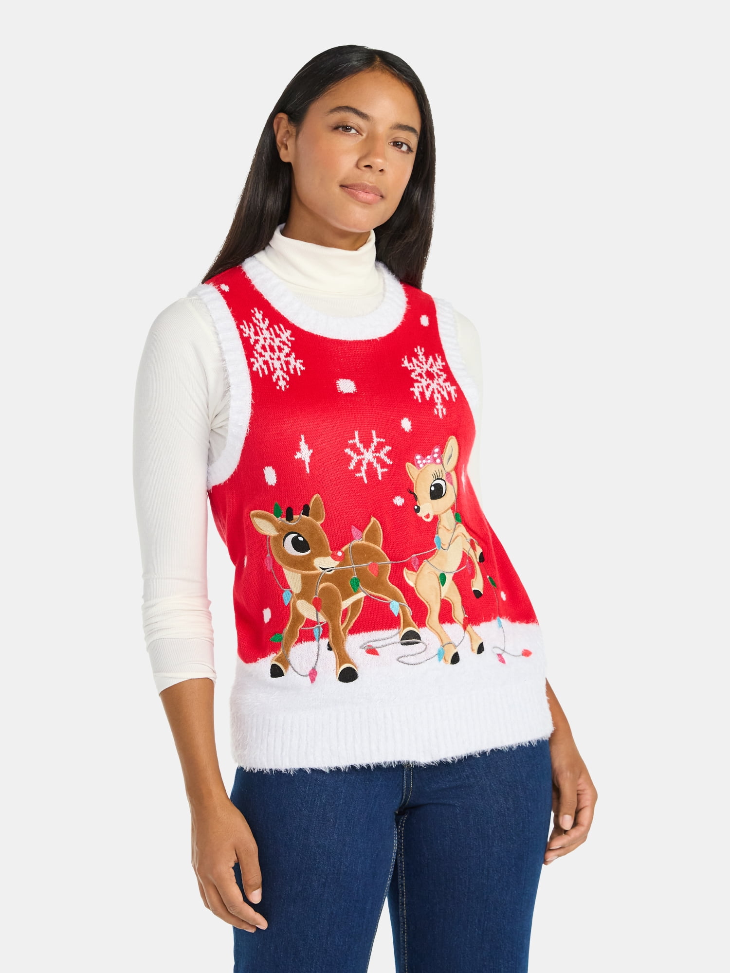 Rudolph the Red-Nosed Reindeer Women's Embellished Christmas Sweater Vest, Sizes XXS-XXL