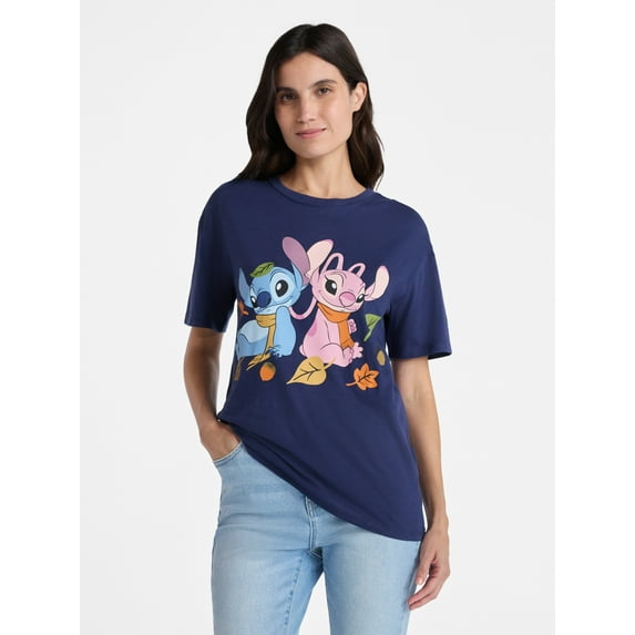 Disney Women's Stitch and Angel Graphic Tee with Short Sleeves, Sizes XXS-XXL