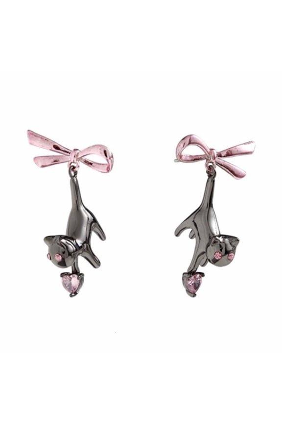 O 1 Pair Scare Black Cat Pink Bowknot Sweet Earings Temperament Korean Online Celebrity Show White Skin- Female Earrings
